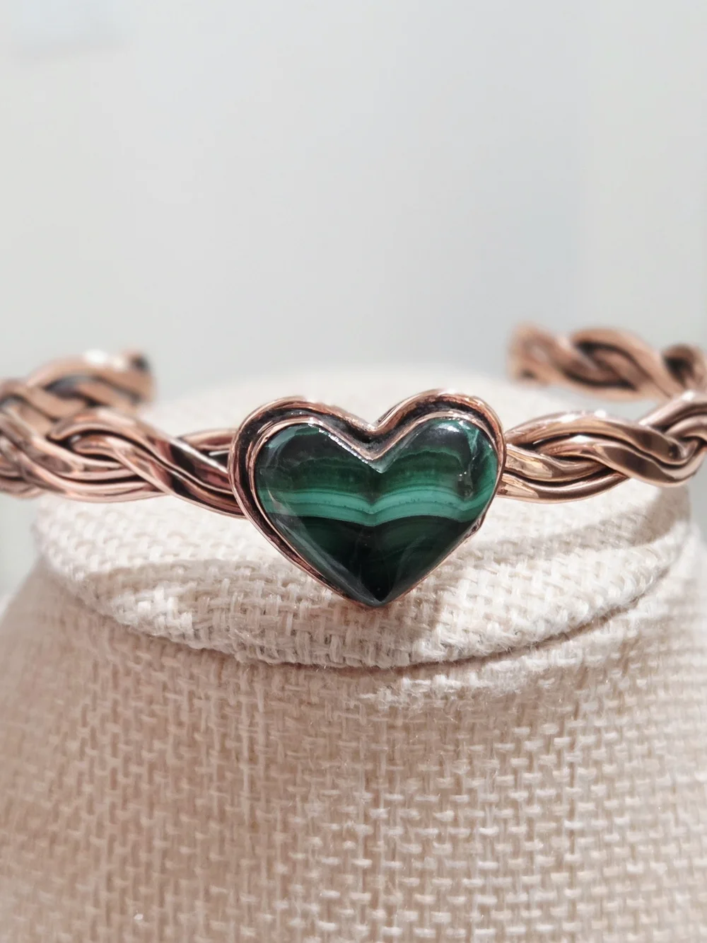 Solid Copper Stone Genuine Malachite Heart Bracelet - - Picture 2 of 5